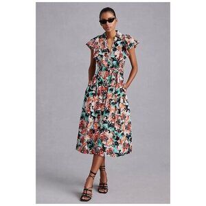 Maeve Flutter-Sleeve Floral Midi Shirt Dress